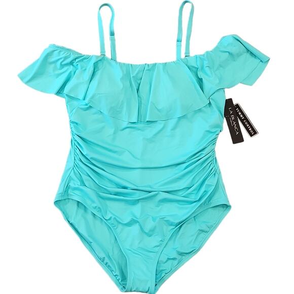 NWT LA BLANCA Plus Size Island Goddess Aqua Marine Ruffle Shoulder Swimsuit 20W - Picture 2 of 9
